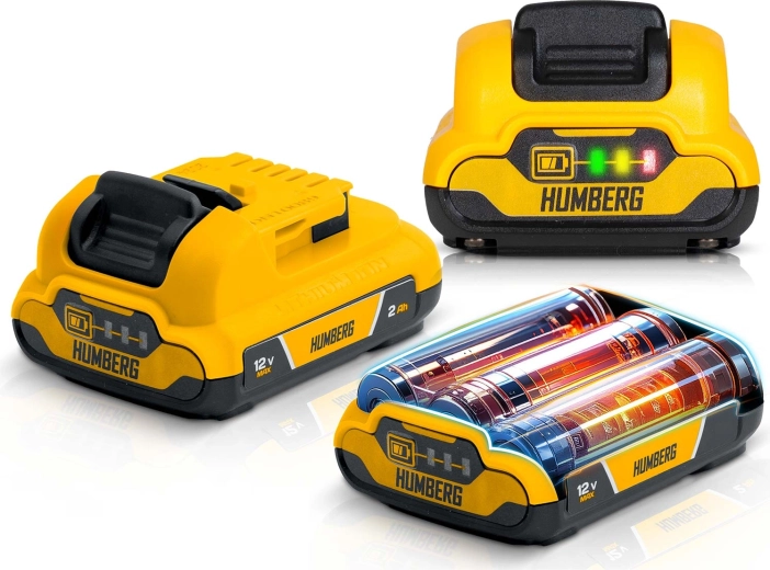 Two interchangeable 12V Li-Ion batteries with LED indicator