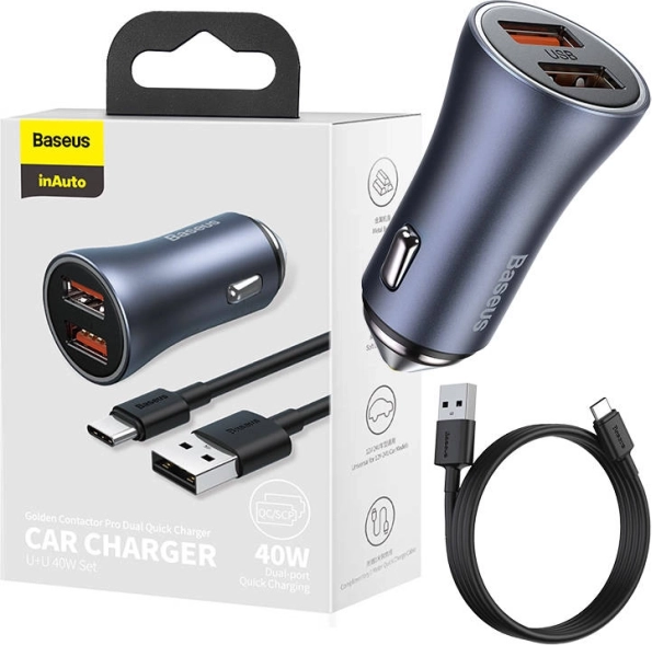 Baseus Car Charger with Dual USB and USB-C Cable