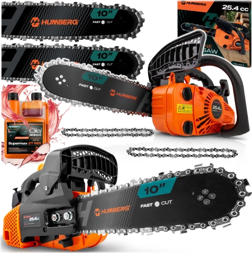 Humberg 10" petrol chainsaw with 2 guide bars, 2 chains and 2T oil