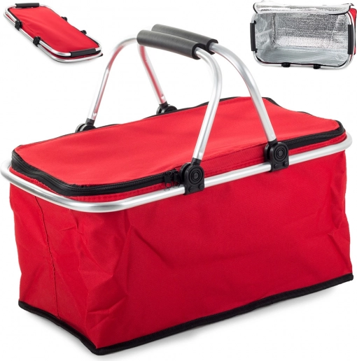 Insulated picnic basket with thermal lining and foldable handles – Red