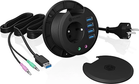 Hub de bureau encastrable ICY BOX 80 mm avec 4× USB 3.0, audio et prise 230 V