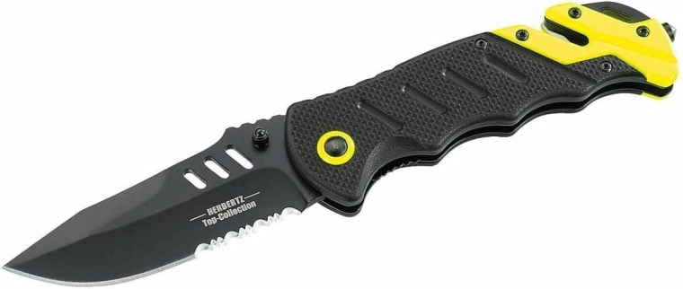 Herbertz Rettungsmesser mit Gurtschneider und Glasbrecher, G10, schwarz/neon