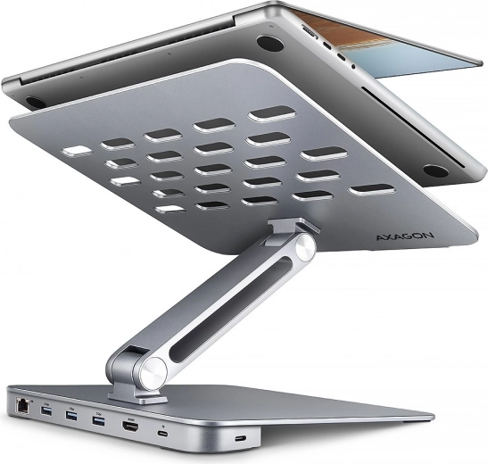 Axagon HMC-STND hub USB-C 7-en-1 en aluminium avec support pour ordinateurs portables 10–16", HDMI 4K/60 Hz, 3x USB-A, GLAN, PD 100 W, câble 60 cm