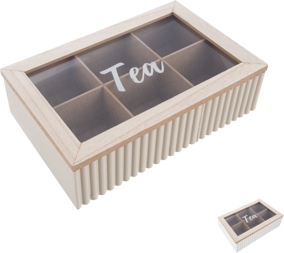 Tea bag box with 6 compartments, white textured design