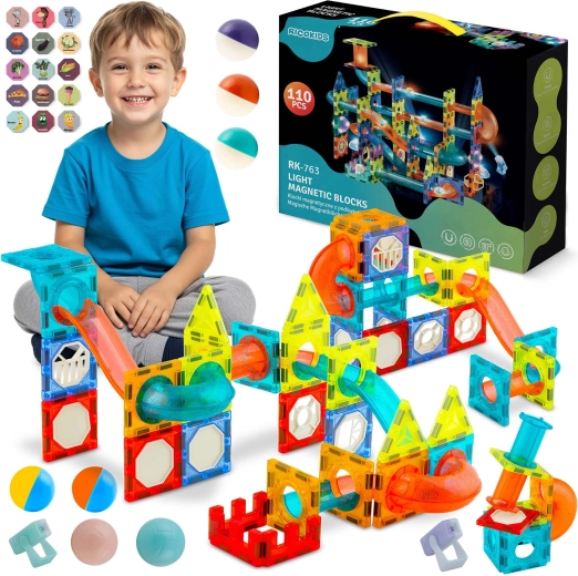 Ricokids Light-Up Magnetic Building Set with Marble Run, 110 Pieces