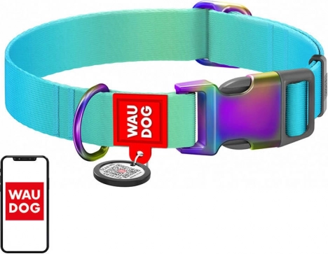 WAU DOG Gradient nylon collar with QR code, blue, size L (33–49 cm)