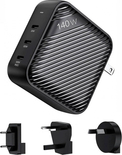 Wall Charger INVZI GanHub 3x USB-C, 140W with Travel Adapters