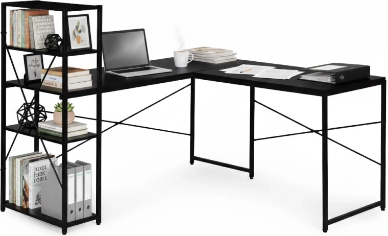 Corner computer desk with shelves, 3 tiers, black loft style ModernHome