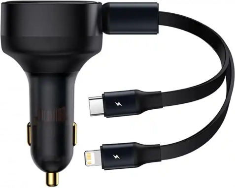 Baseus Enjoyment Car Charger with Integrated USB‑C and Lightning Cables, 30 W