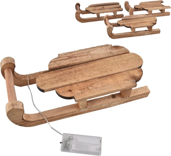 Houten decoratieve slee met LED-verlichting bruin 30 × 13 × 8 cm (3 varianten)