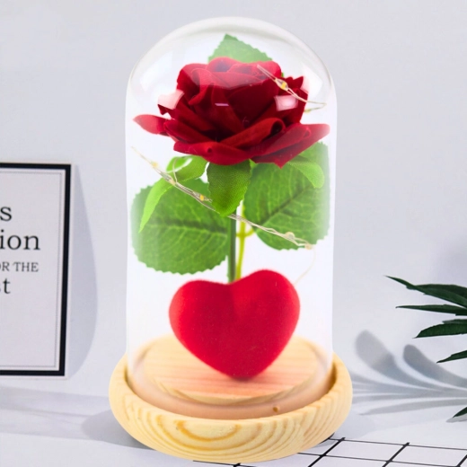 Eternal Red Rose in Glass Dome with LED Lighting and Heart 14 × 8 cm