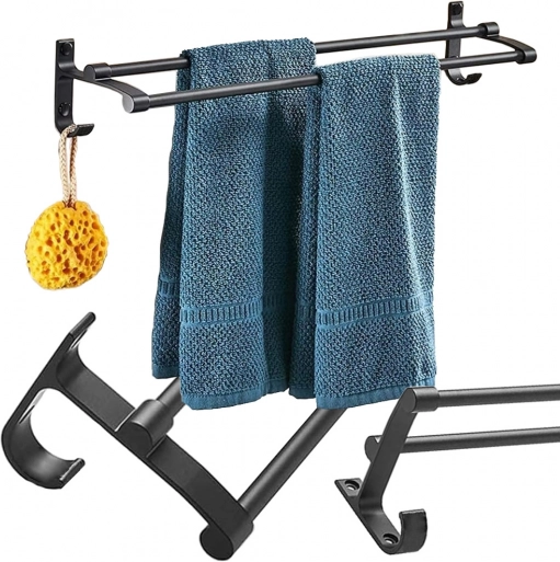 Double wall-mounted towel bar, black metal, 58.6 cm