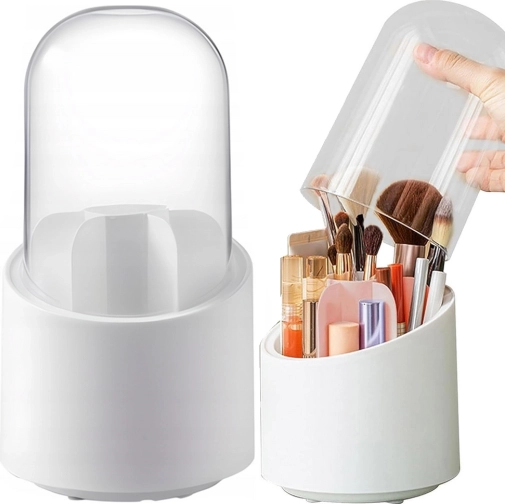 rotating cosmetic organizer with brush holder and transparent lid