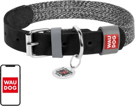 Collare per cani in pelle naturale e materiale riciclato con codice QR WAUDOG L, larghezza 25 mm, nero