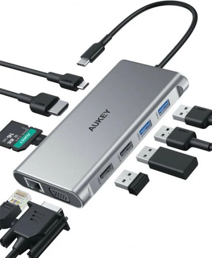 Hub USB‑C in alluminio 10‑in‑1 con Ethernet, HDMI 4K, VGA, lettore di schede e PD 100 W AUKEY