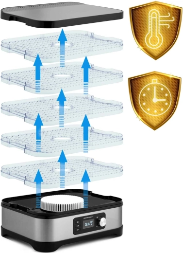 5 stackable trays and large 10 L capacity