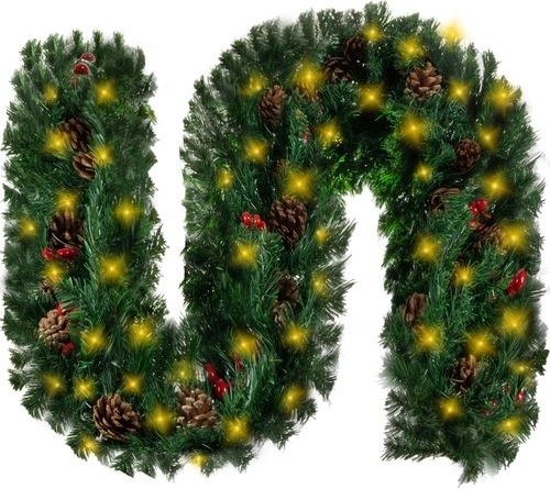 Christmas garland 270 cm with warm LED lights and natural ornaments
