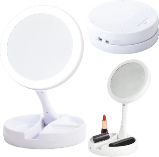 Cosmetic tabletop mirror with LED lighting and 10× magnification, white