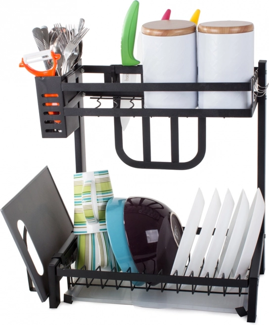 Two-tier black metal dish rack