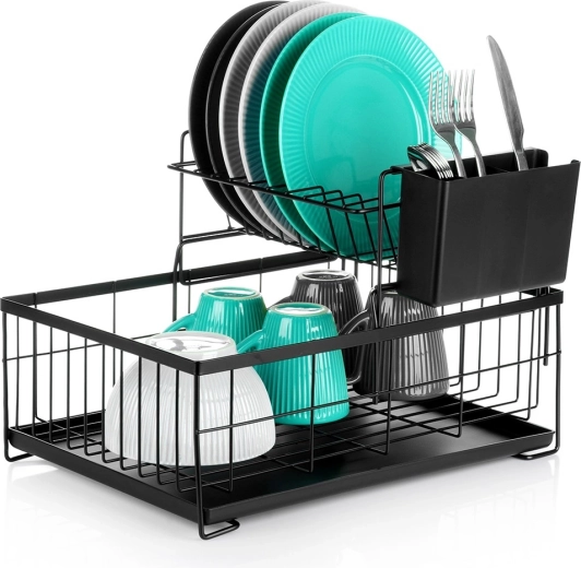 Dvoupodlažní kovový odkapávač na nádobí, černý 42 × 28 × 28 cm