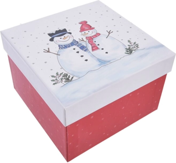 Scatola regalo in carta con pupazzi di neve rossa 15,5 × 15,5 × 10 cm