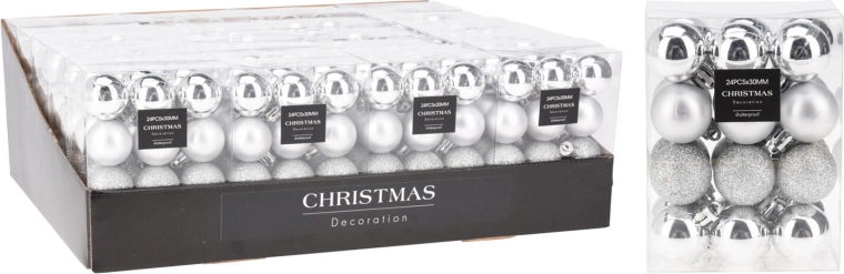 Kerstballen 3 cm – zilveren mix, 24 stuks