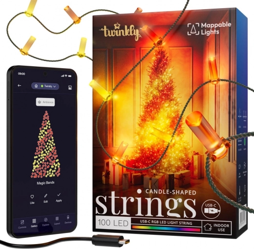 Intelligent decorative lights Twinkly Candies USB-C 100 LED RGB, candles, green cable, 6 m