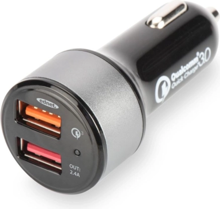 Car Charger with Qualcomm Quick Charge 3.0, 2× USB (3 A / 2.4 A), black–silver