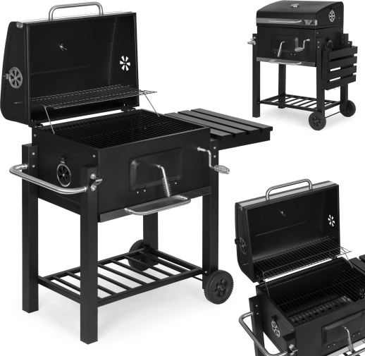 large outdoor charcoal grill with lid, thermometer and shelves