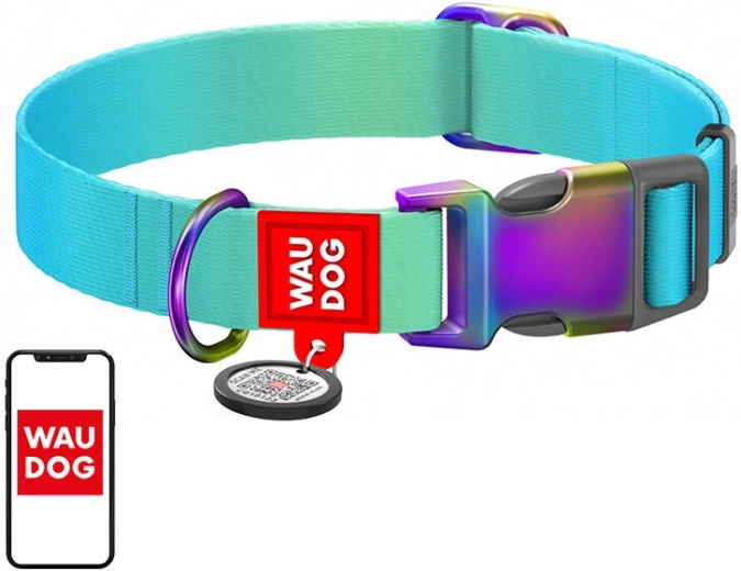 Nylon dog collar with QR code WAUDOG Gradient, blue, size M