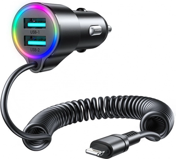 Car Charger Joyroom with 2x USB and Lightning Cable Black