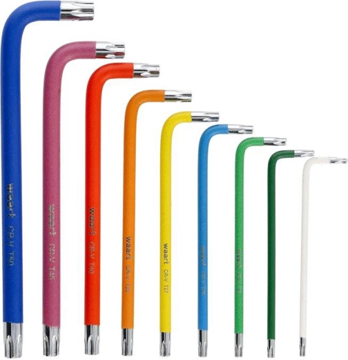 Barevná sada prodloužených TORX klíčů T10–T50 s otvorem a magnetickou špičkou, 9 dílů