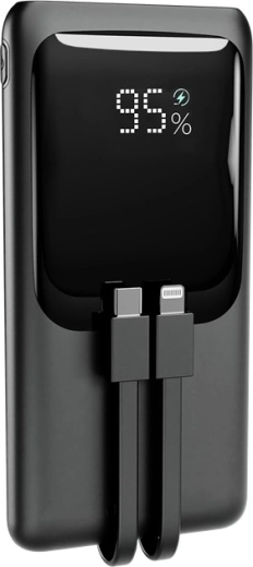 Batterie externe 10 000 mAh avec câbles intégrés, écran LCD et charge rapide 20 W, noire