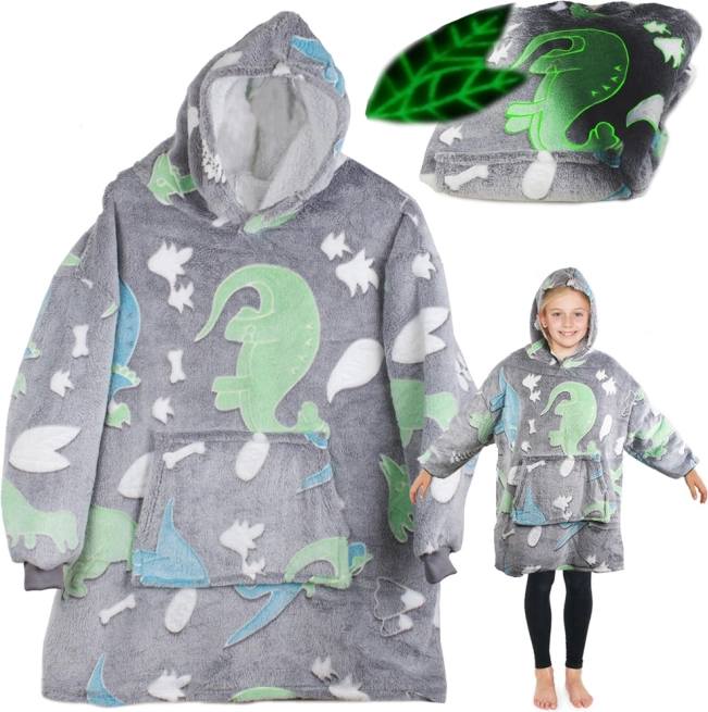 glow-in-the-dark kids’ hooded blanket 2-in-1 – grey with dinosaurs