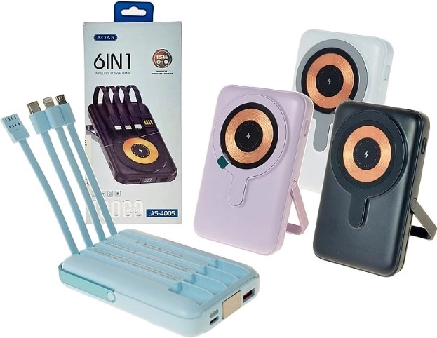 Powerbank 6 in 1 con ricarica wireless 10.000 mAh e cavi integrati