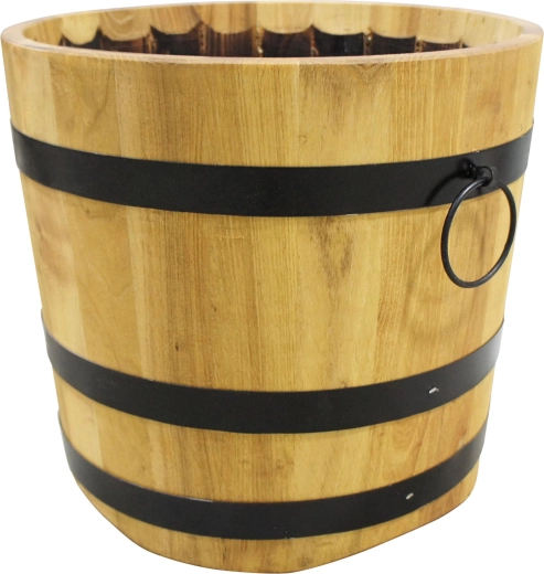 wooden planter with metal hoops and handles 45 × 50 cm