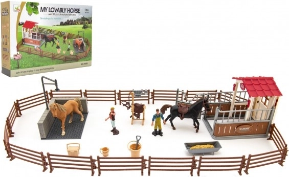 Horse paddock with fence, caretakers and 2 horses – plastic set with accessories