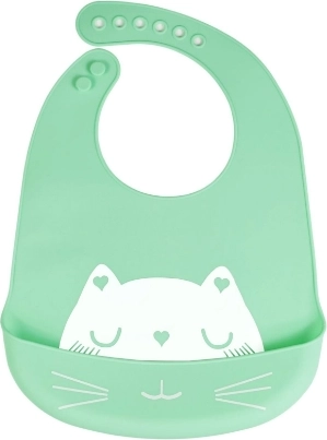 Silicone Bib with Pocket for Kids - Green, Cat