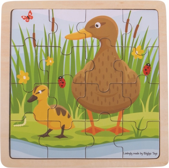 Fa keretes puzzle BIGJIGS TOYS – kacsamama kiskacsával – 16 darabos