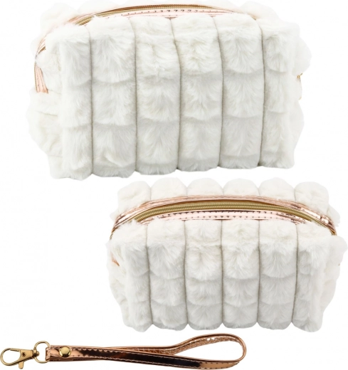 White plush cosmetic pouch with handle