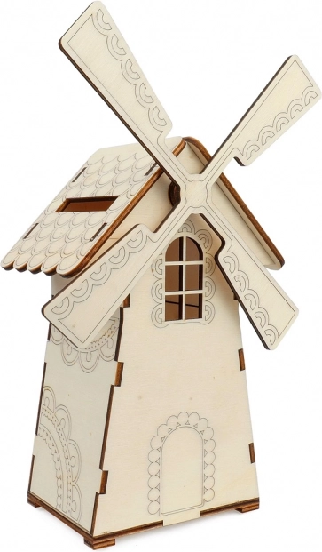 Salvadanaio in legno a forma di mulino con luce
