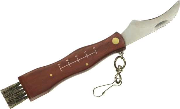 Folding mushroom knife with brush and sheath