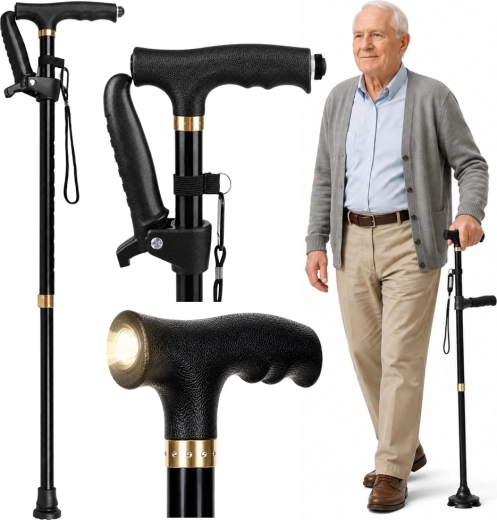 Canne pliante réglable avec lampe LED pour seniors – noire