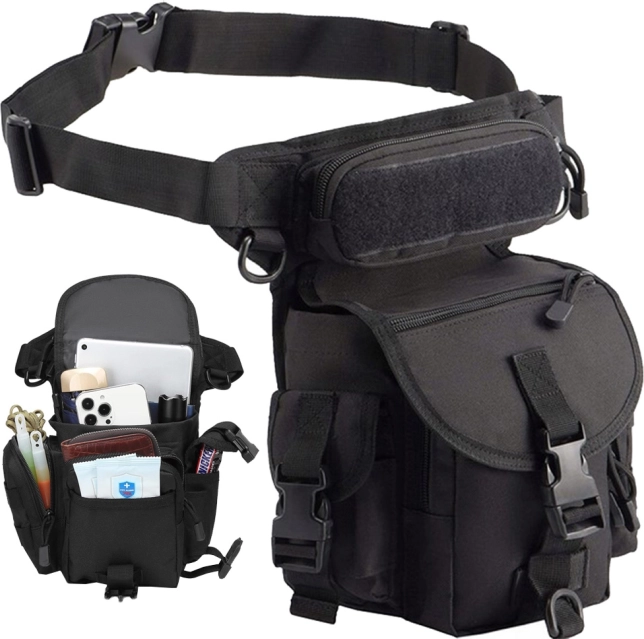 Tactical thigh bag with waist strap, water-resistant, 6 pockets