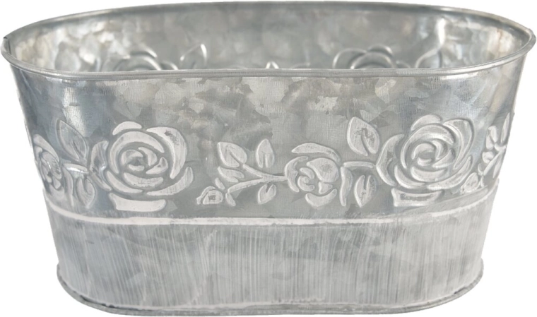 Grey tin planter with rose motif