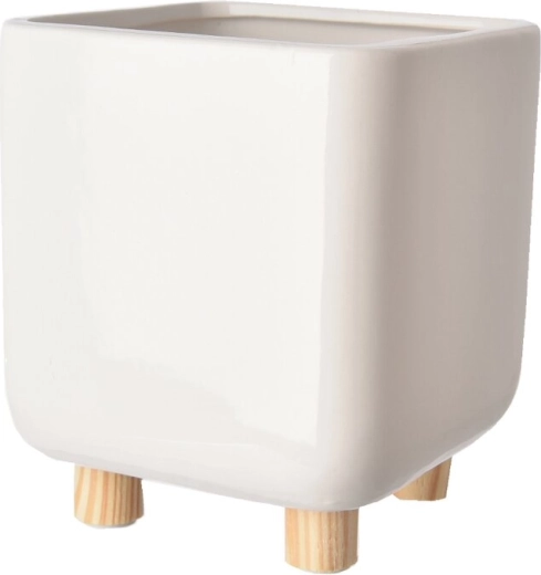 White ceramic planter on wooden legs 14 × 14 × 17 cm