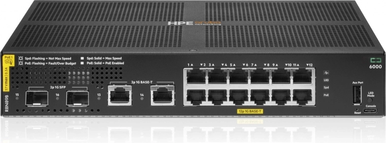 Switch gestito Aruba Networking CX 6000 12× Gigabit PoE+ (Classe 4) + 2× Gigabit + 2× SFP, 139 W (R8N89B)