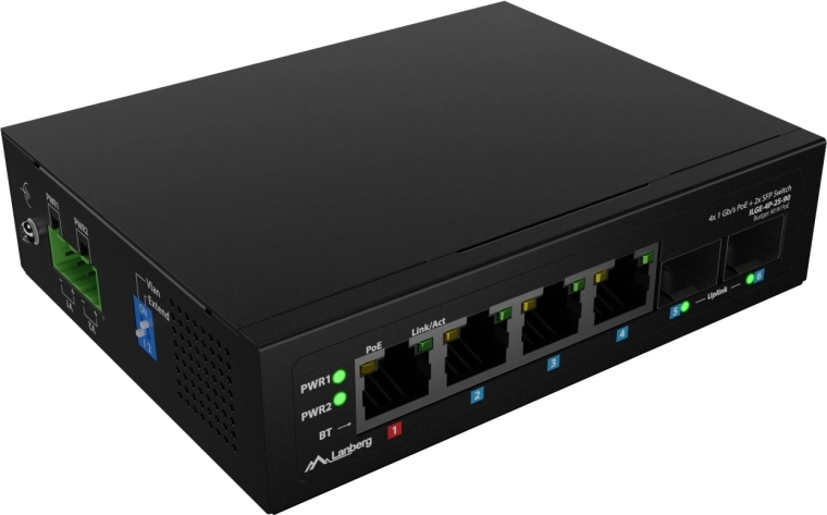 Switch PoE industriale leggero Lanberg su guida DIN 4× RJ45 + 2× SFP gigabit