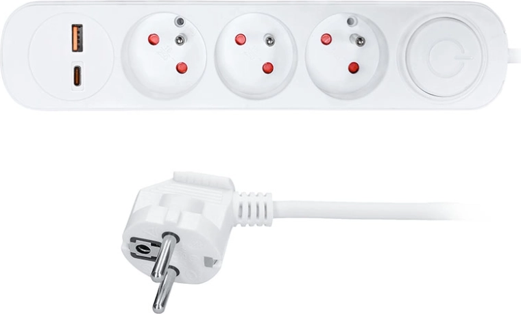 Rallonge électrique Solight avec 3 prises, USB-A et USB-C PD 20 W, 5 m, blanche