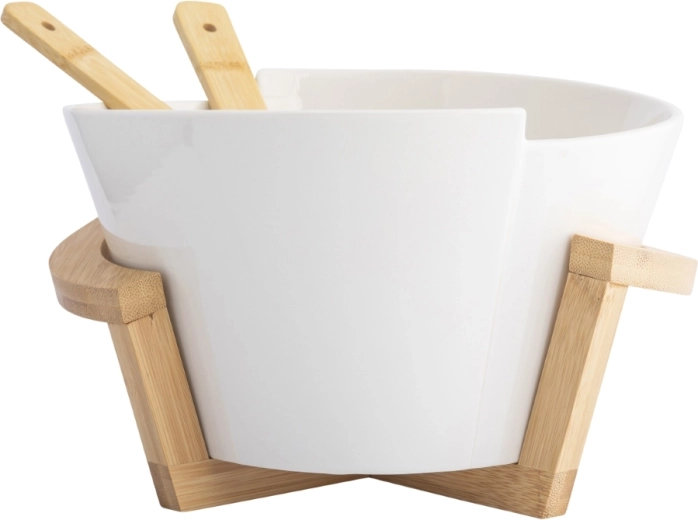 Saladier de service avec support en bambou et couverts de service
